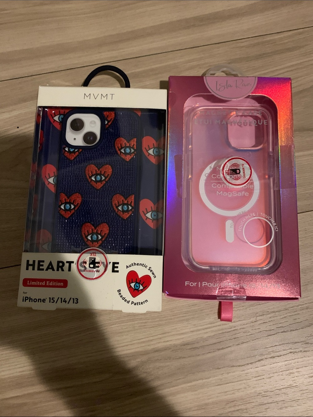 MVMT Navy iPhone Case 15/14/13 with Red Heart-Eye Pattern + iridescent pink